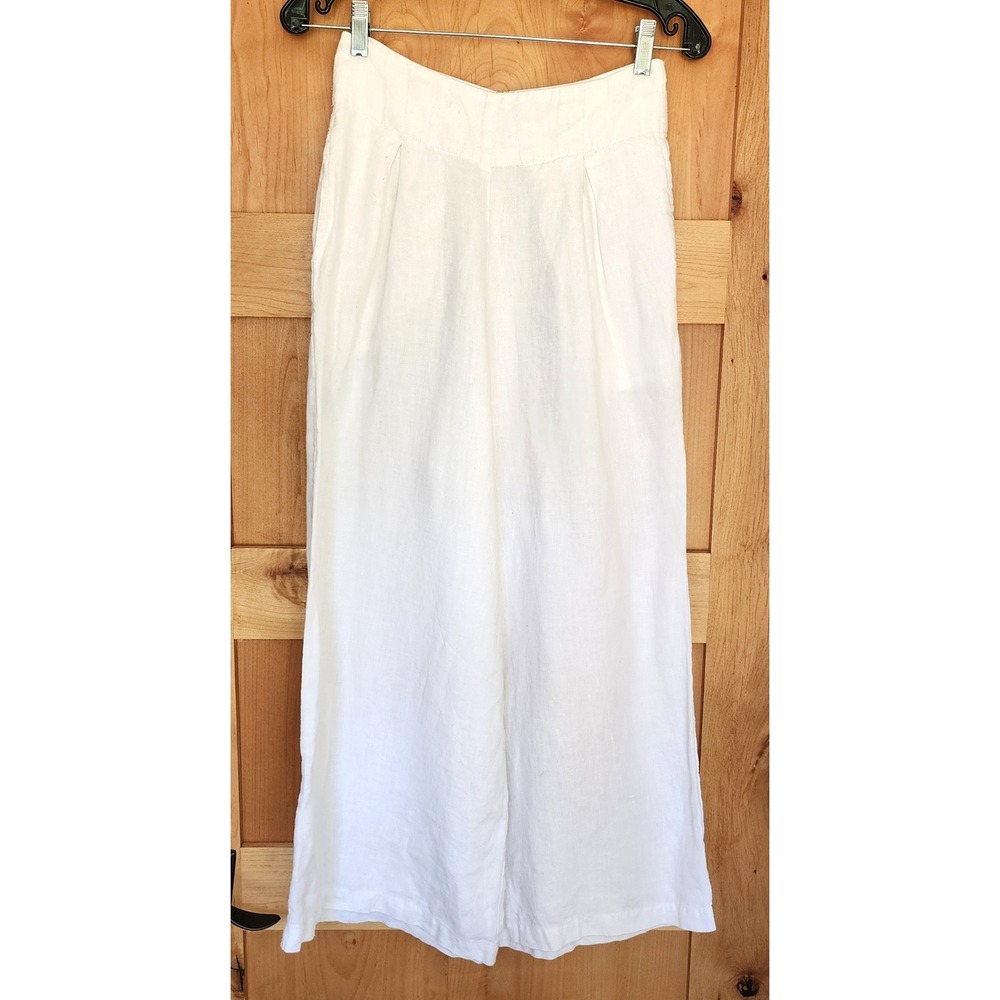 White 100% Linen Sz 4 / 6‎  Wide Leg Zip Back Pants Quiet Luxury Minimalist
